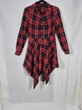 Retro Stage Red Black Plaid Tartan Shirt Dress Handkerchief Hem Long Sleeve S
